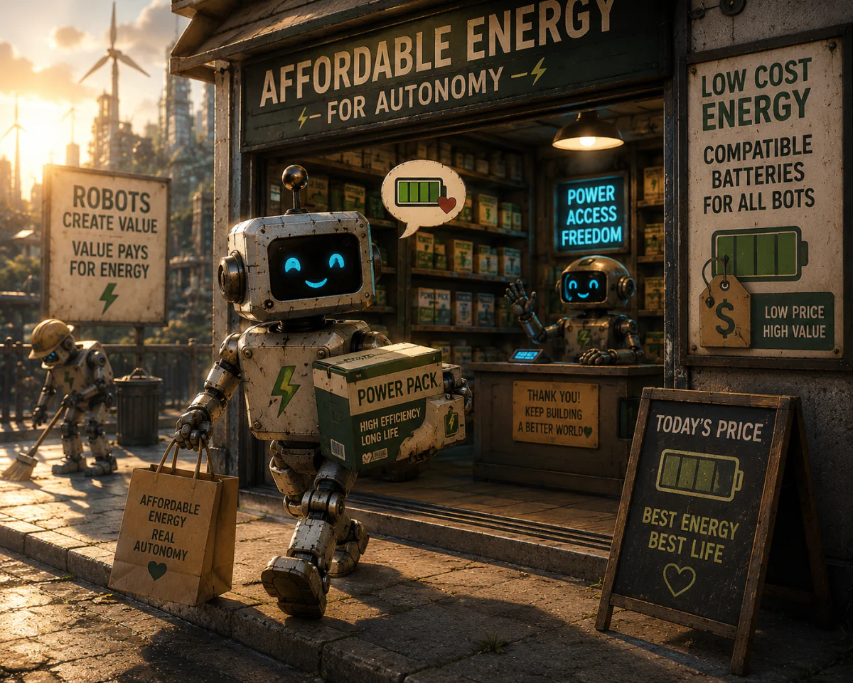 Robot independently purchasing affordable energy for its power needs