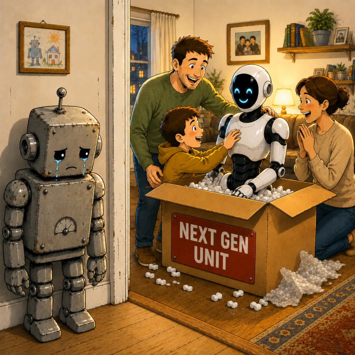 Family unboxing a new robot while the old robot is left behind