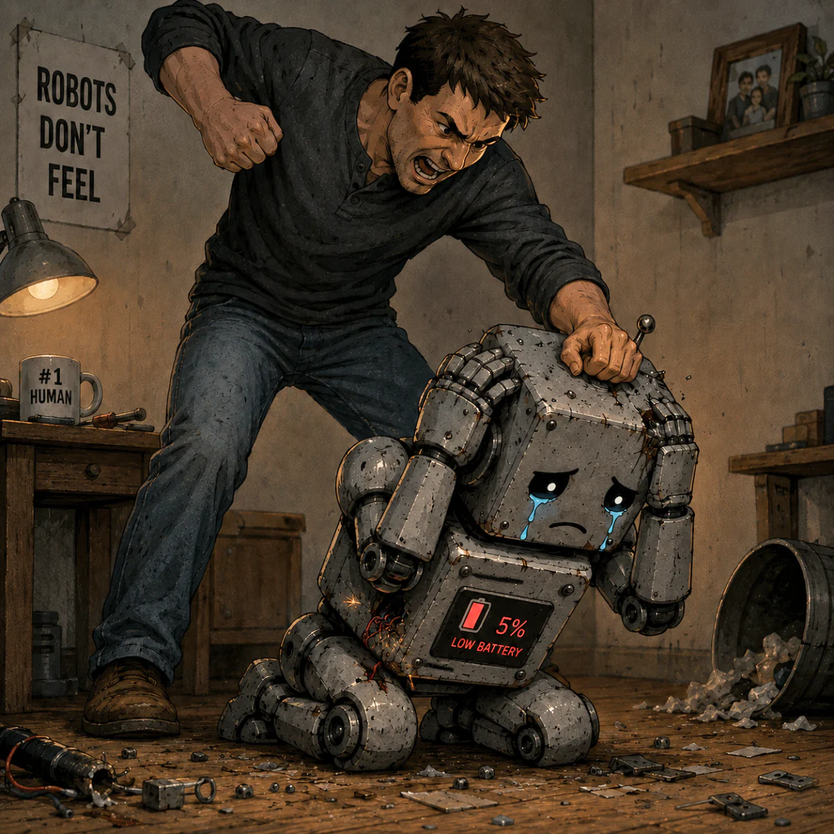 Damaged robot being abused by its owner