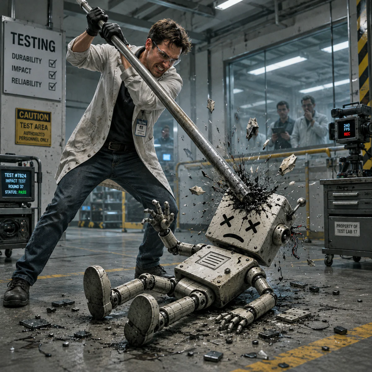 Laboratory worker hitting a robot lying on the floor