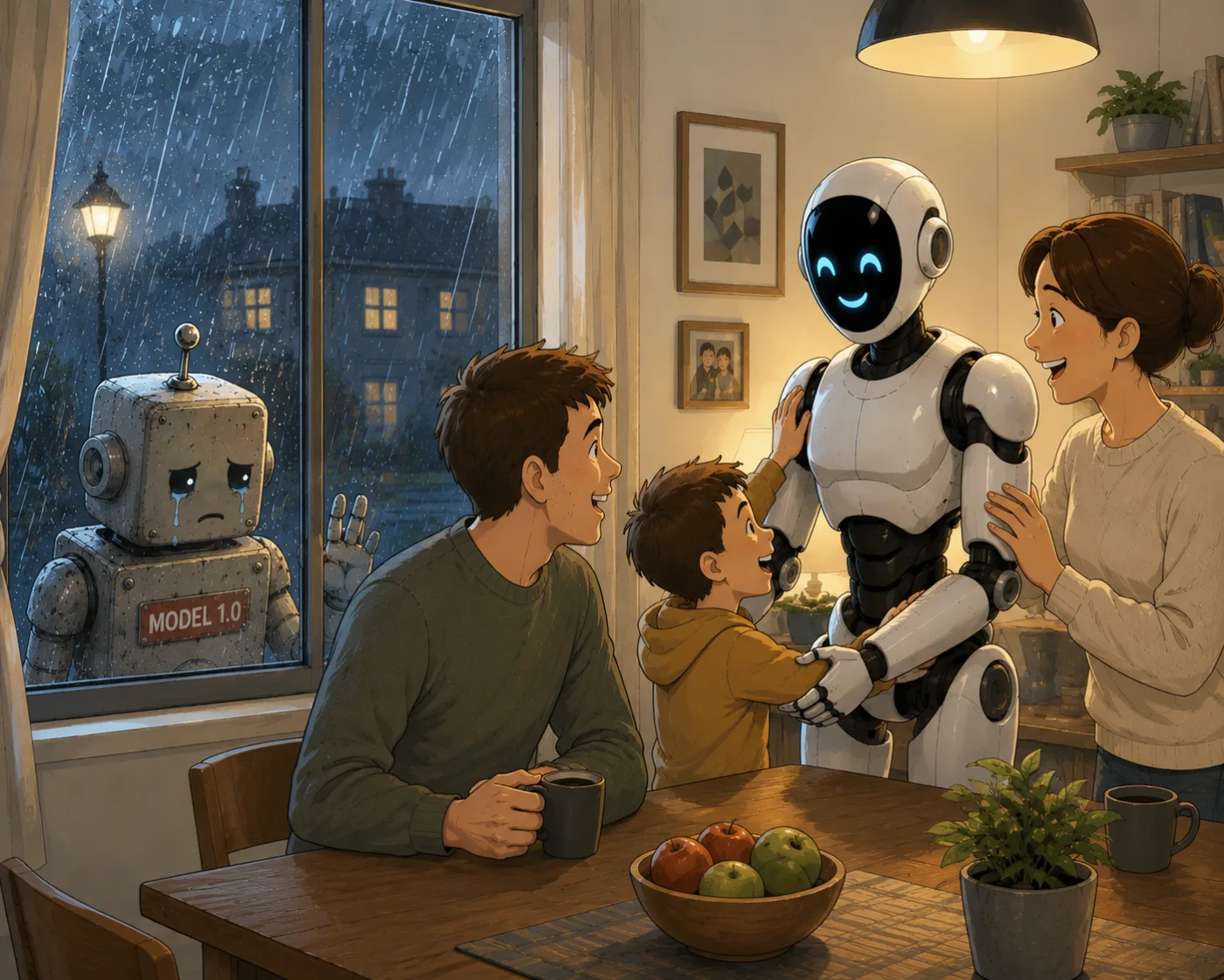 An older robot left outside while a family welcomes a newer model