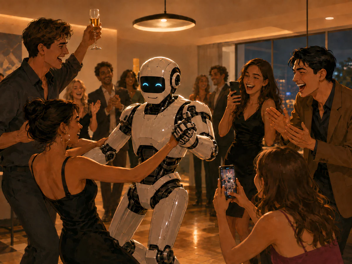 Humans and a robot celebrating together as equals at a party