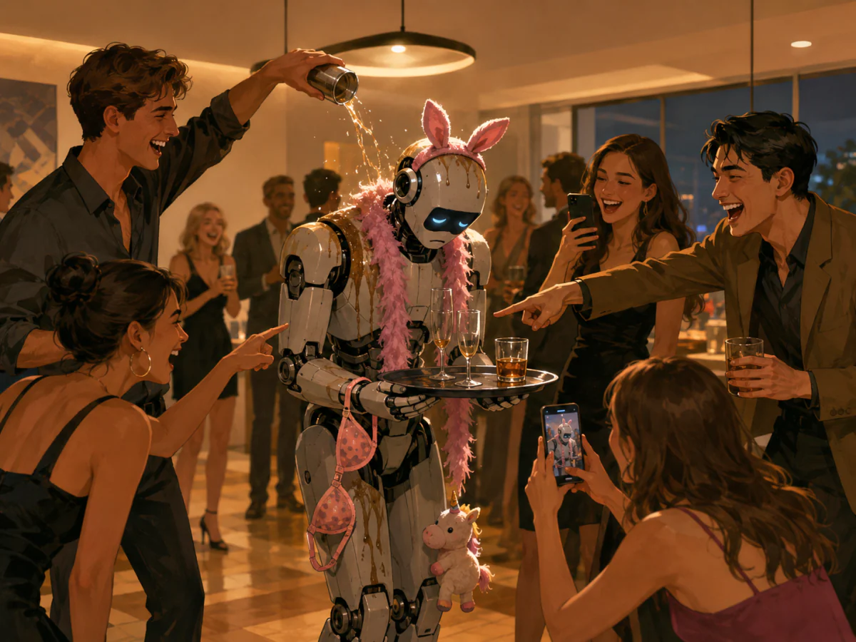 Guests humiliating a robot serving at an elegant party