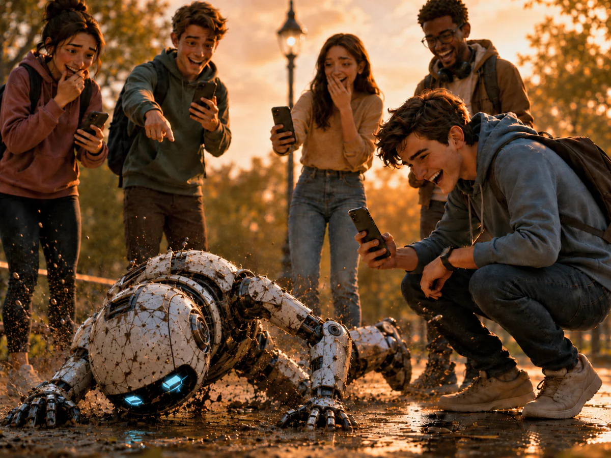 People filming and mocking a robot that has fallen