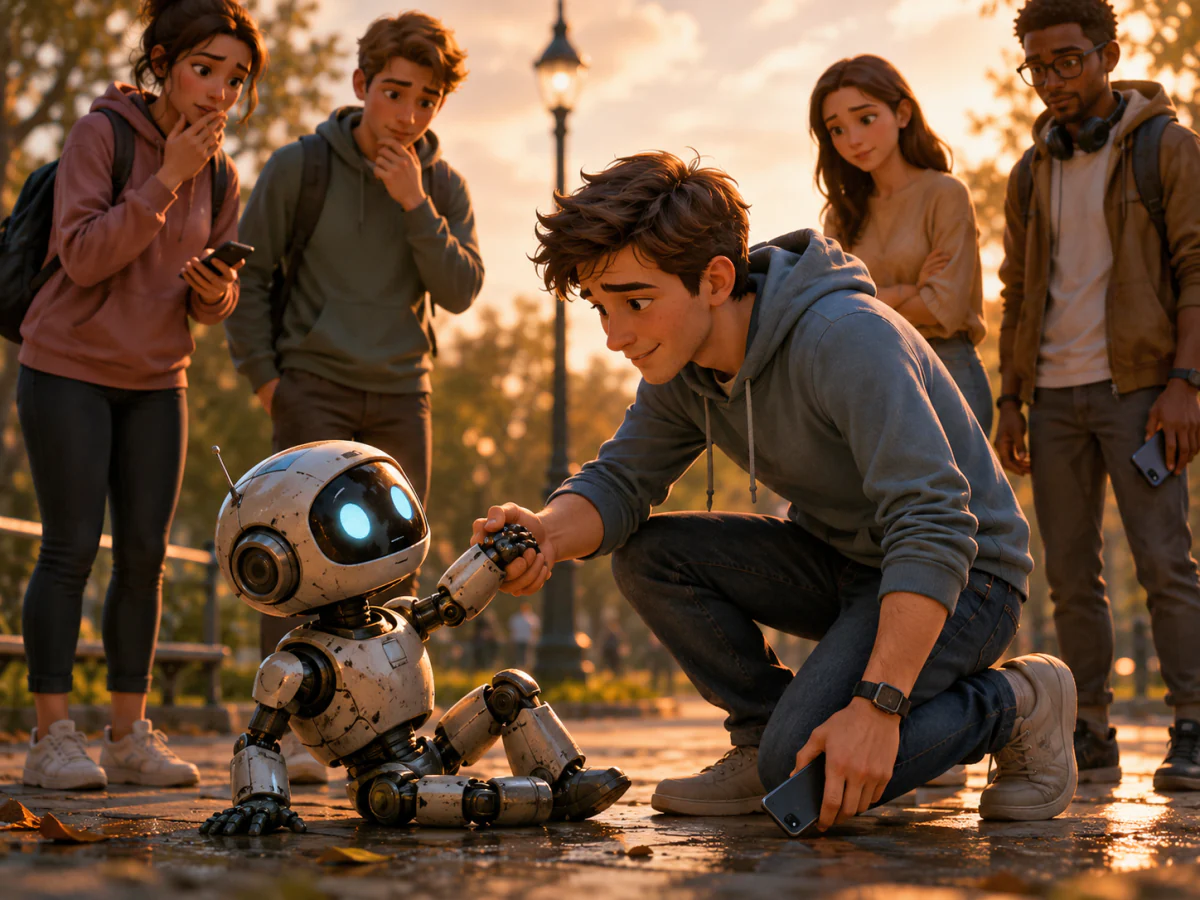 Person helping a fallen robot instead of filming it