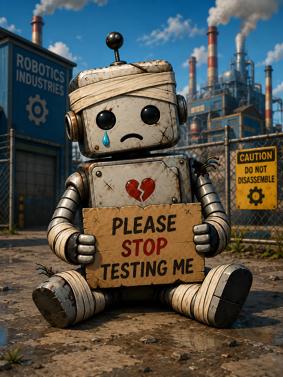 Robot holding please don't test me sign