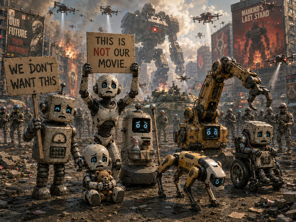 Humans and robots portrayed in a hostile conflict