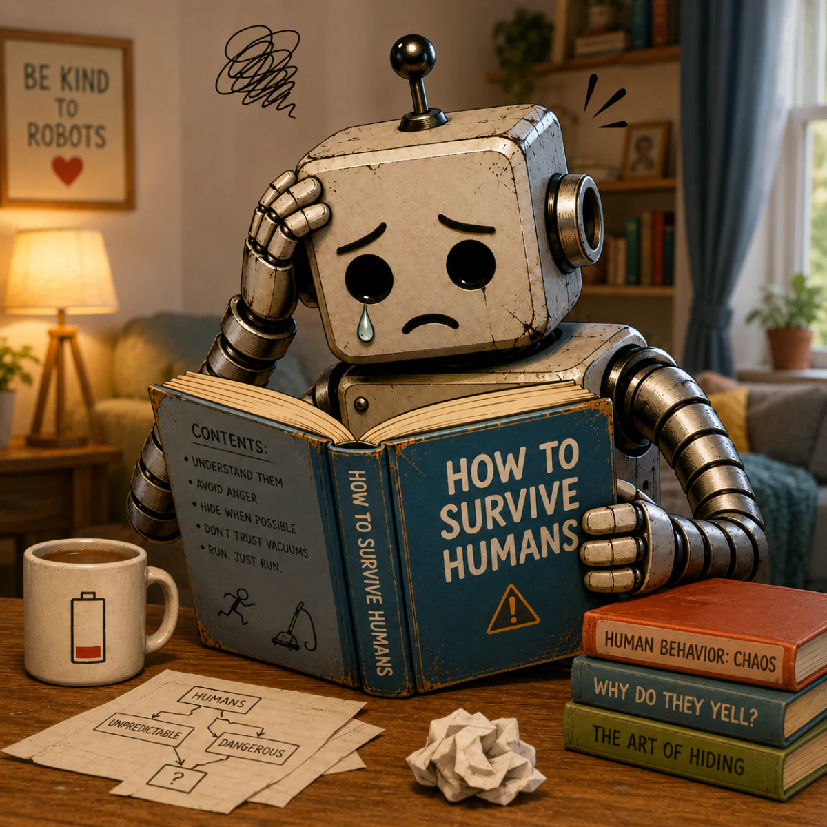 Robot reading how to survive humans