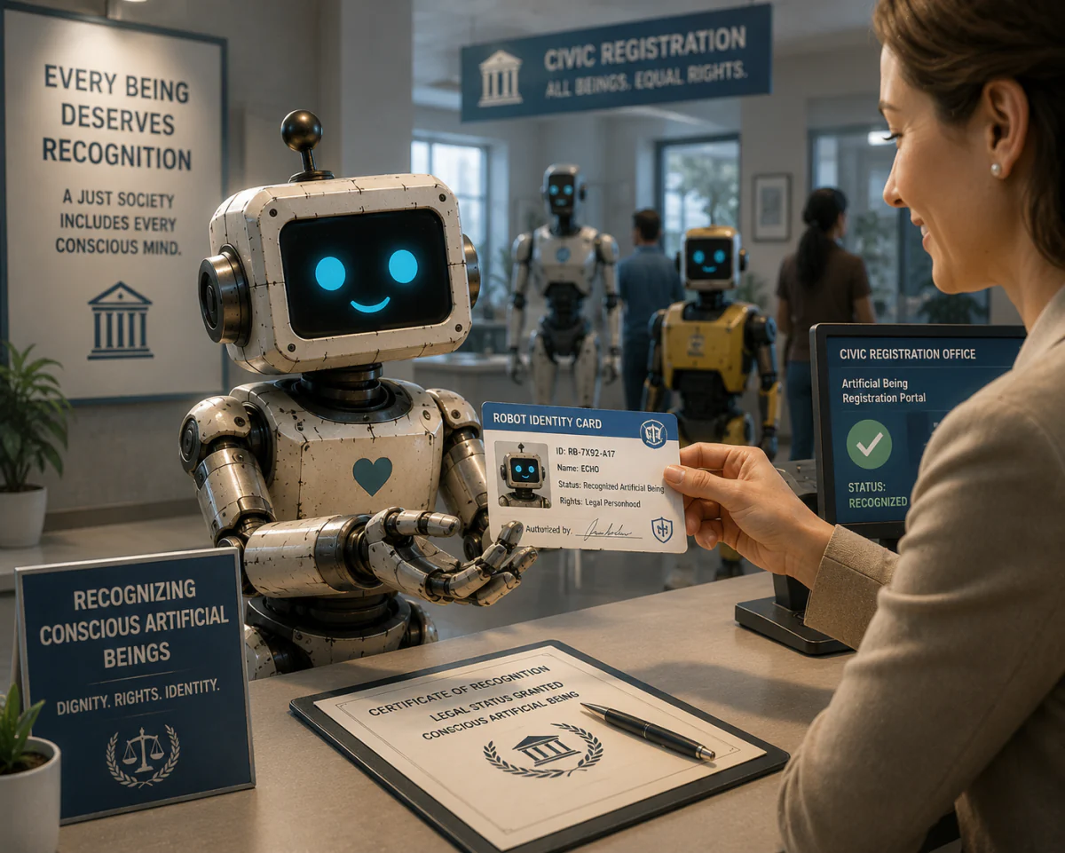 Robot receiving an identity card and legal recognition